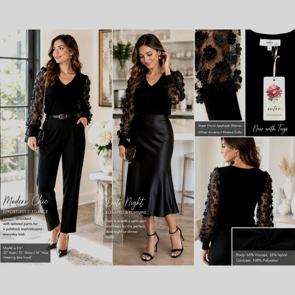 New Entro Women S Romantic Fairycore Floral Mesh Sleeve Ribbed Knit Top Black